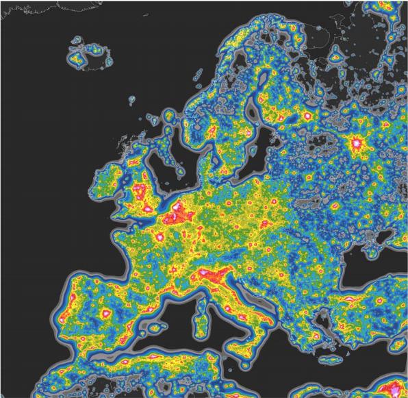 Карта светового загрязнения европейского континента
