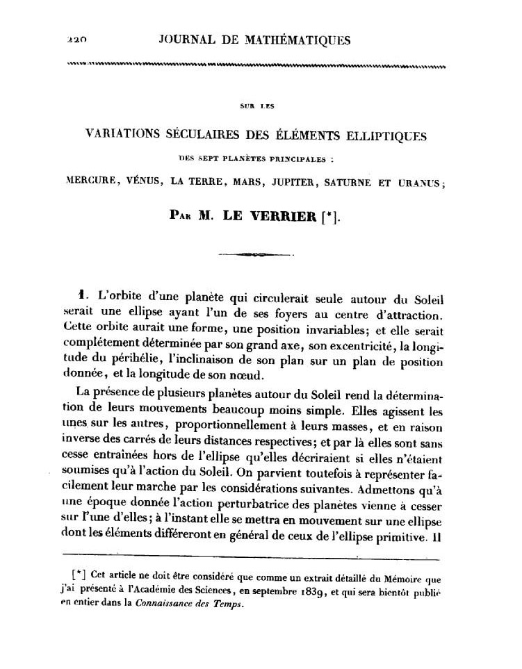 Статья Леверье в журнале Лиувилля (1840 г.)