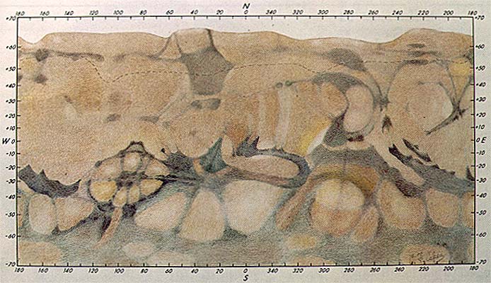 Зарисовка деталей марсианской поверхности, сделанная астрономом Дж. де Моттони по просьбе МАС (Международного астрономического сообщества) в 1958 году