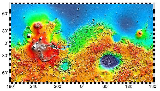 Четыре огромных щитовых вулкана на Марсе, размером с Маун Кеа или даже больше. Крупнейший из них называется Олимп, остальные три: Аскрийская гора, гора Павлина и гора Арсия.