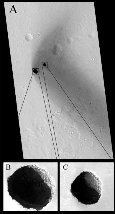 Две новые открытые дыры к северу от горы Арсия (координаты 247.55° E, 17.27° N). Наблюдения показали, что их глубина составляет 125 и 68 метров.