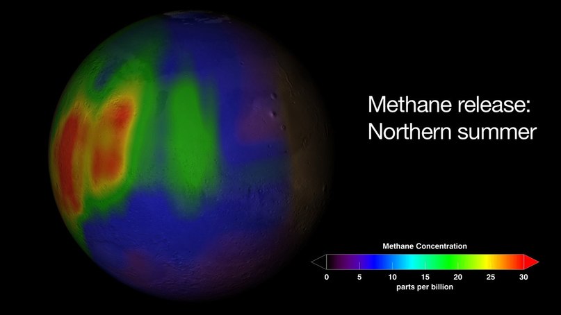 Карта распределения метана на Марсе